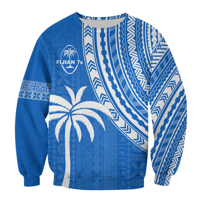 Custom Text and Number Fiji Rugby Sevens Sweatshirt Fijian 7s Tapa Polynesian Blue Ver.01