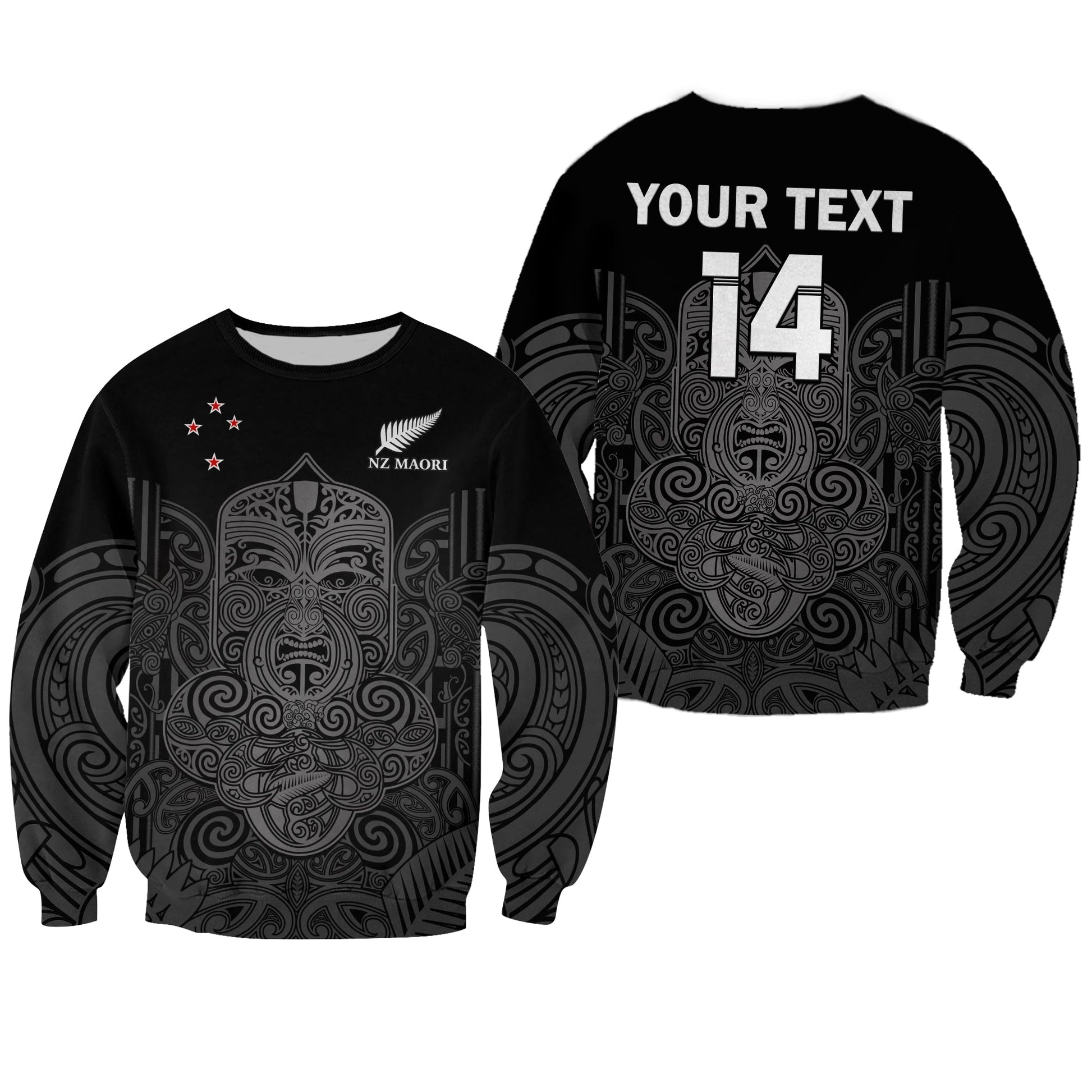 Custom Text And Number New Zealand Tiki Rugby Sweatshirt NZ Maori Koru Pattern