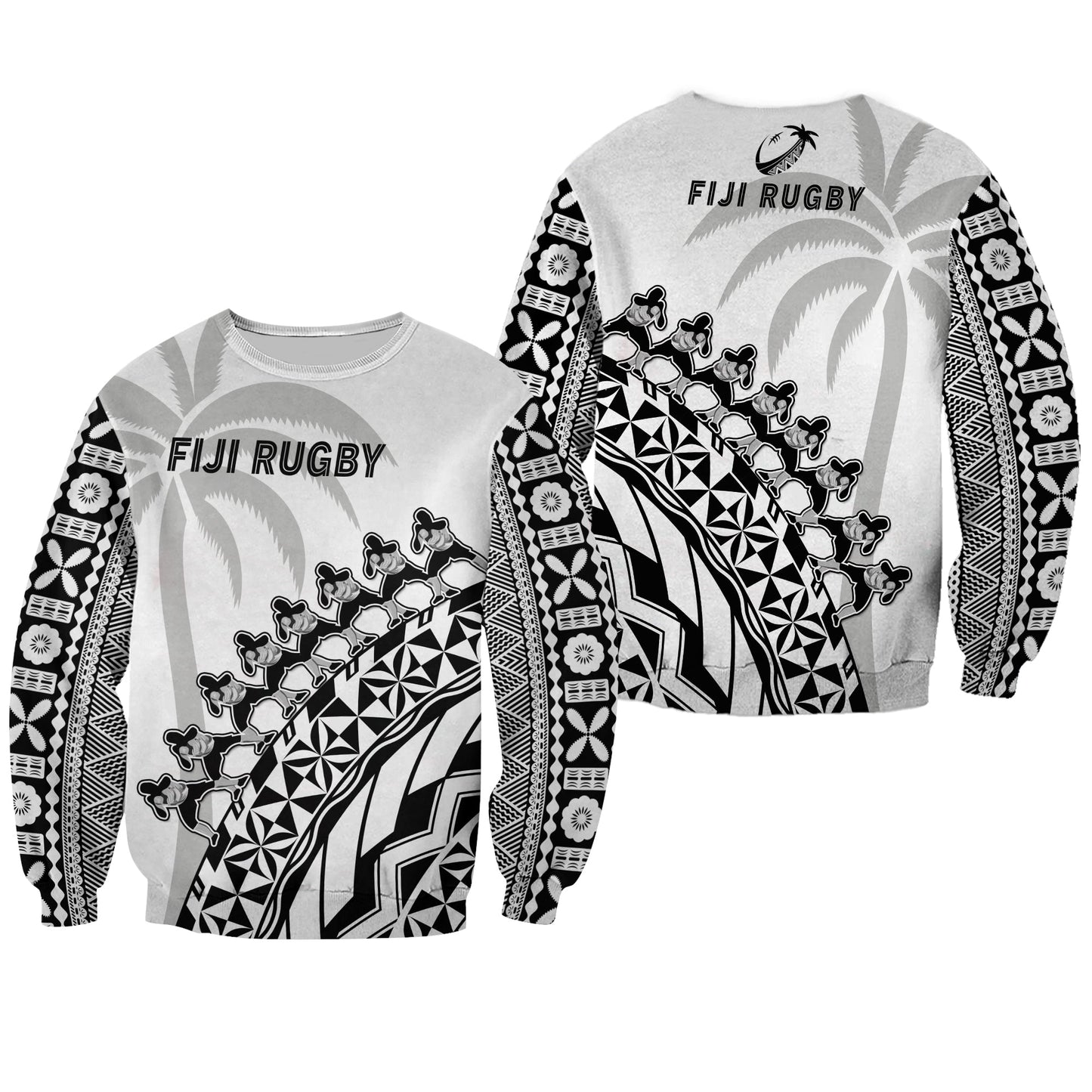 Fiji Rugby Sweatshirt Fijian Cibi Dance Tapa Pattern White