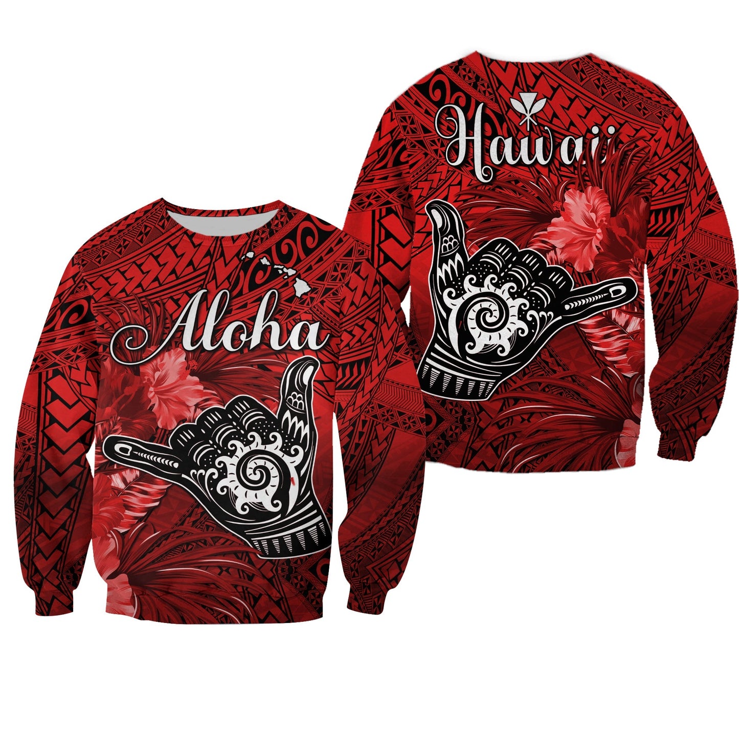 The Shaka Hawaii Sweatshirt Tropical Flowers Red Version