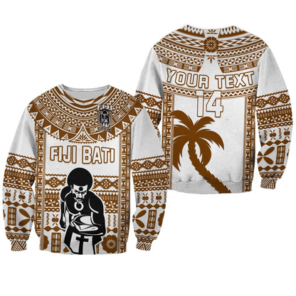 Custom Text And Number Fiji Rugby Sweatshirt Pacific The Bati Brown Fijian Tapa