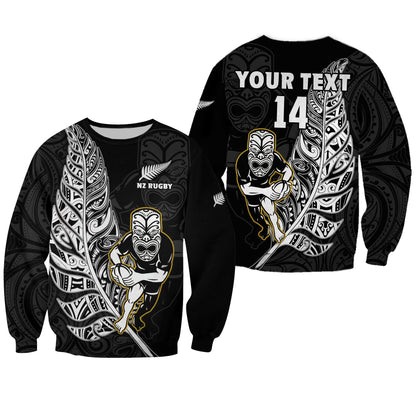 Custom Text And Number New Zealand Silver Fern Rugby Sweatshirt All Black Maori Version Black