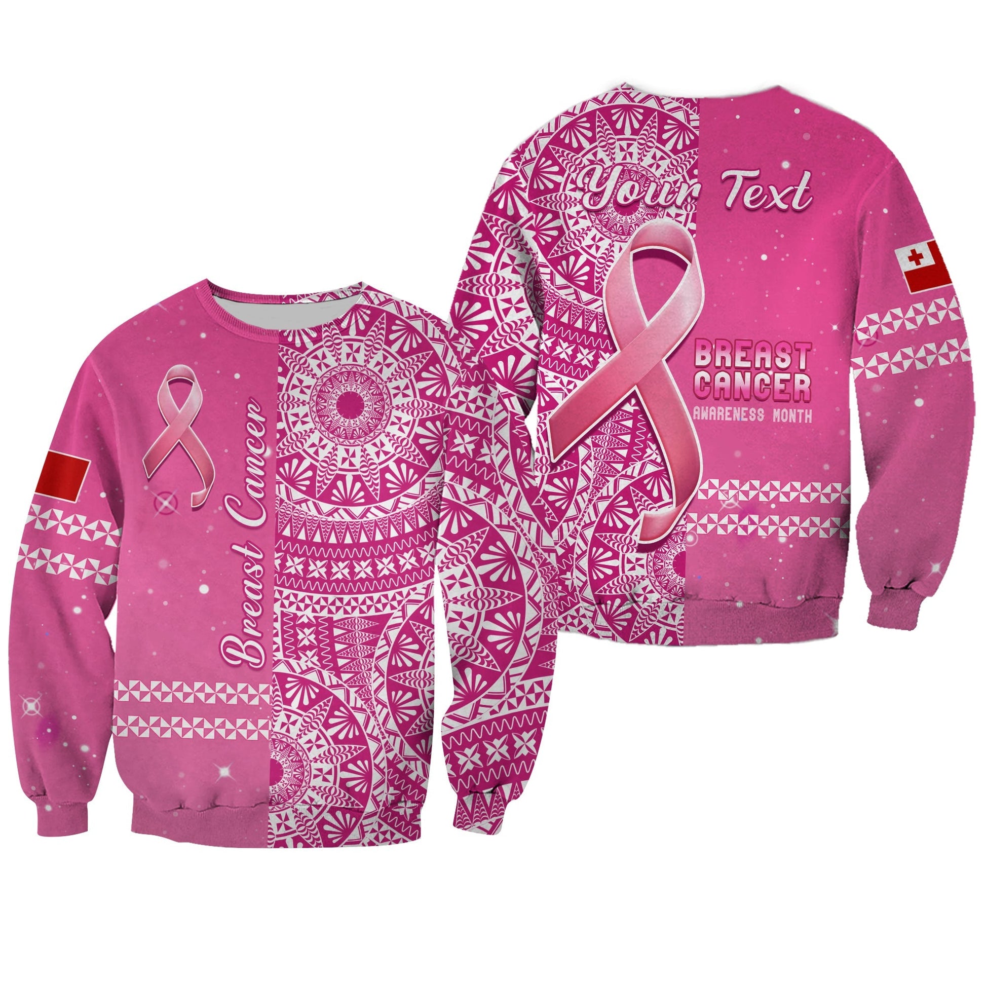 Custom Personalised Tonga Breast Cancer Sweatshirt Tongan Ngatu Pattern No One Fights Alone