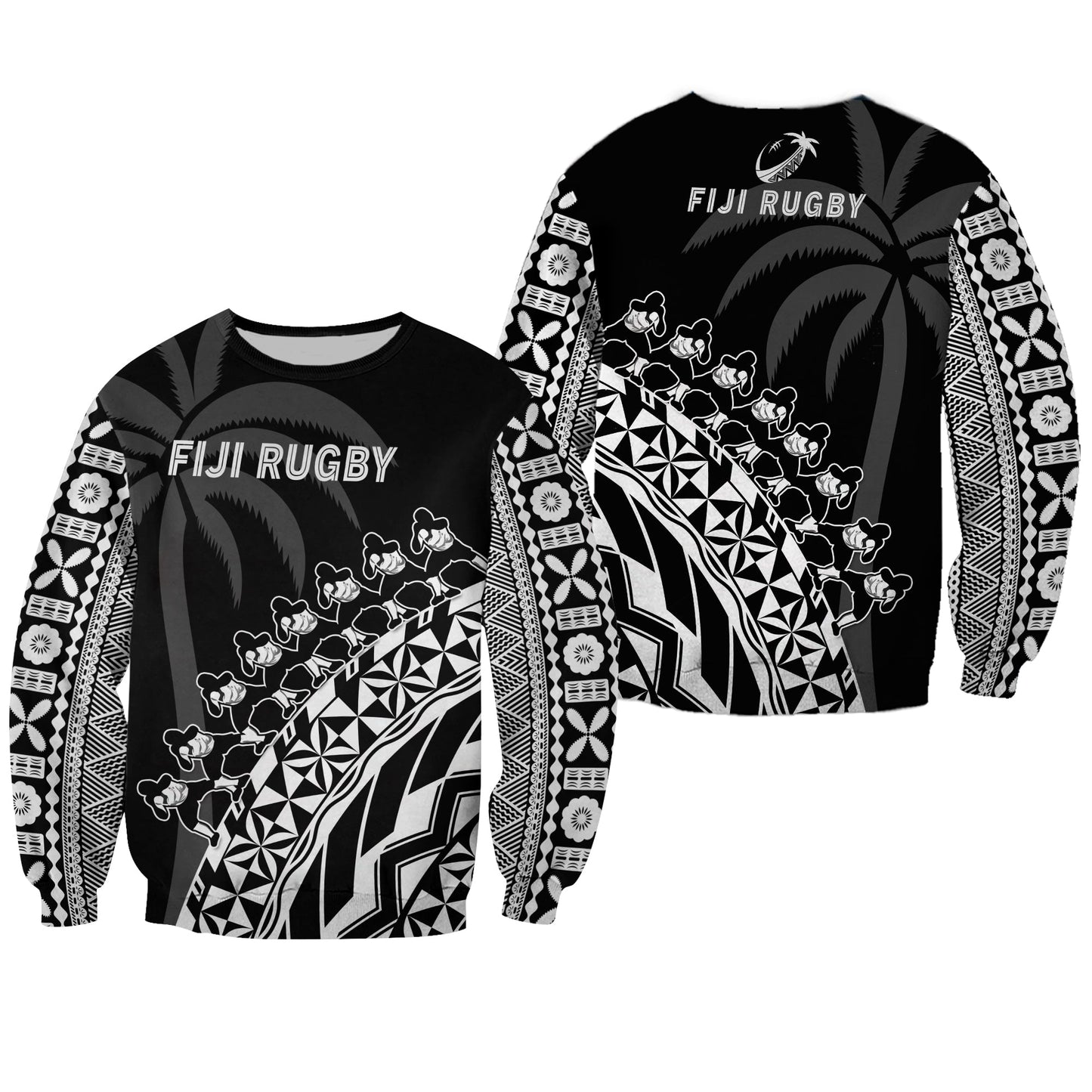 Fiji Rugby Sweatshirt Fijian Cibi Dance Tapa Pattern Black