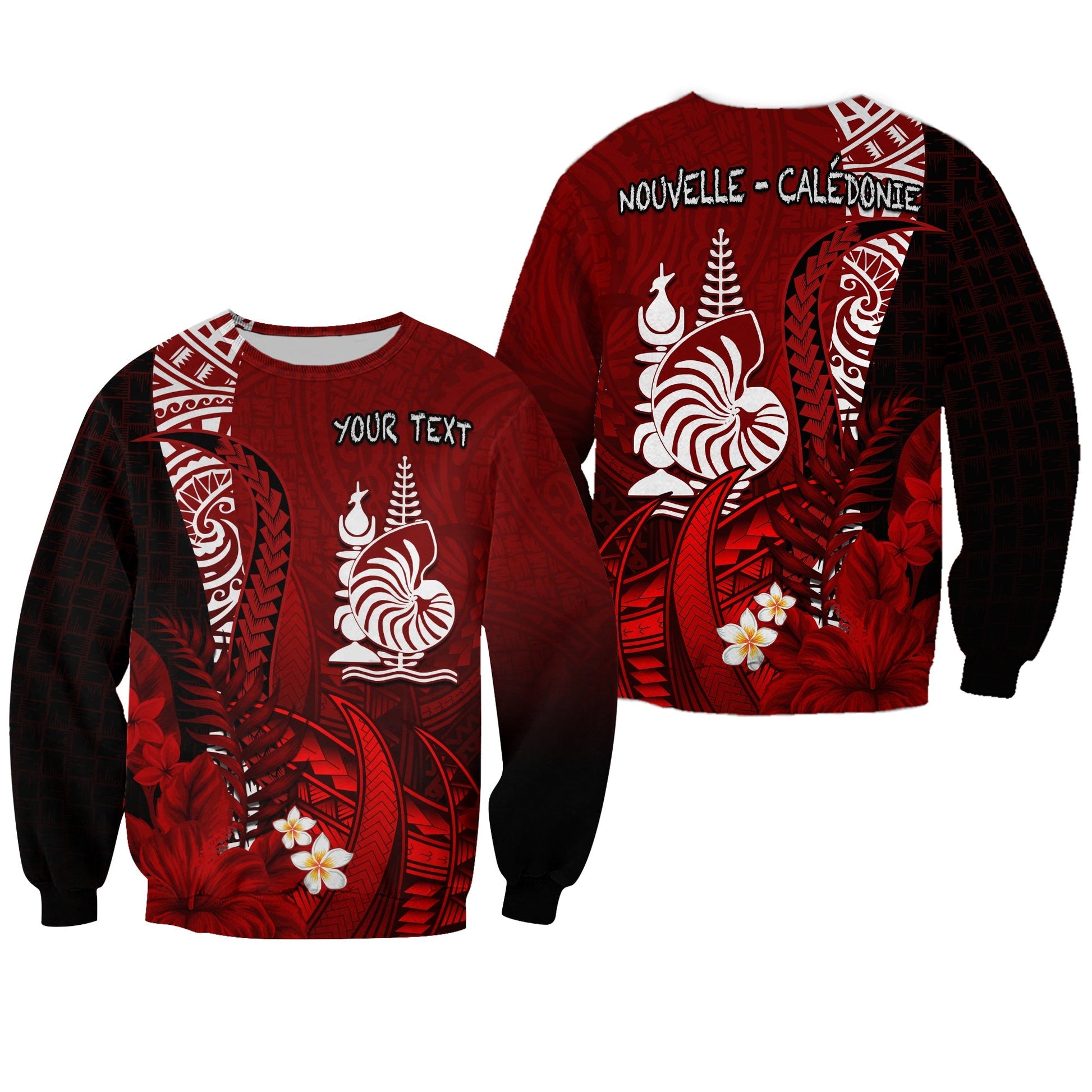 Custom Personalised New Caledonia Sweatshirt Nautilus Red Polynesian Hibiscus
