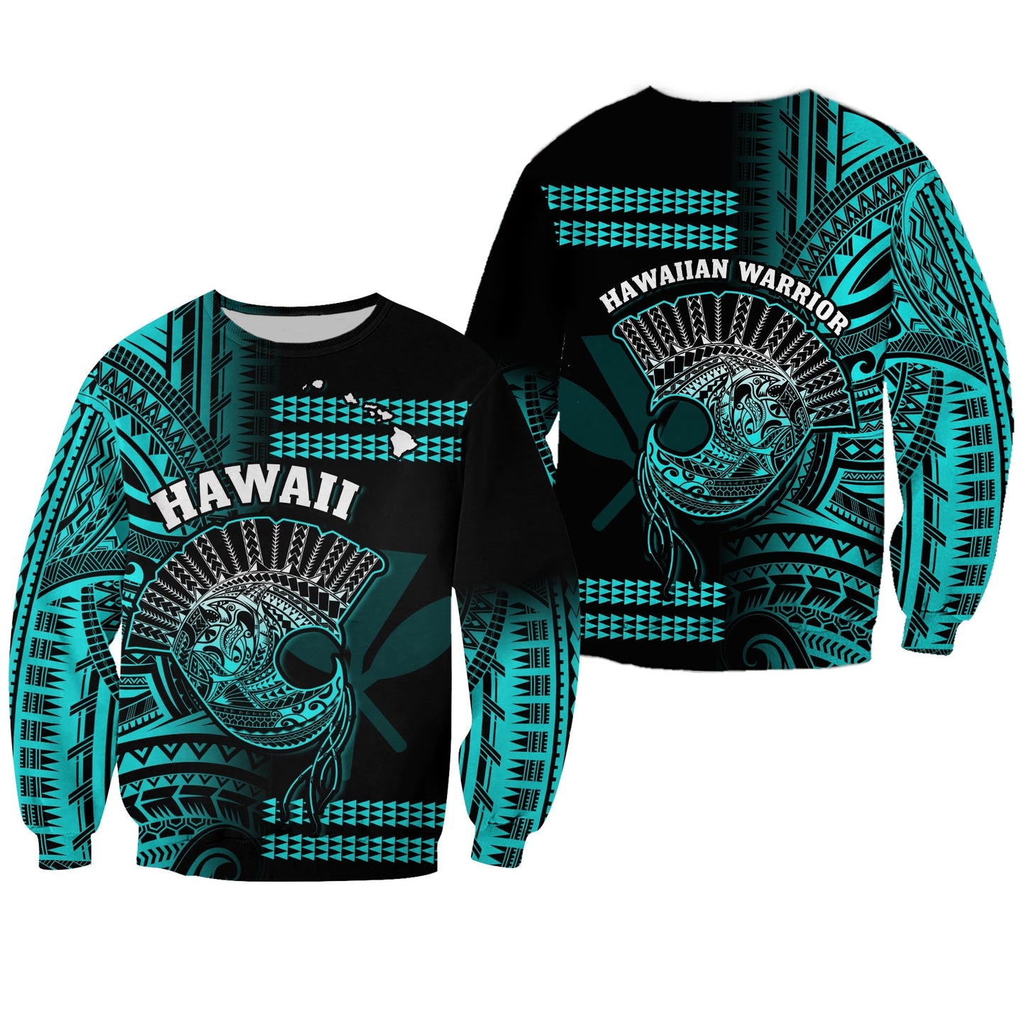 Hawaii Sweatshirt Kakau Warrior Helmet Gradient Turquoise Polynesian