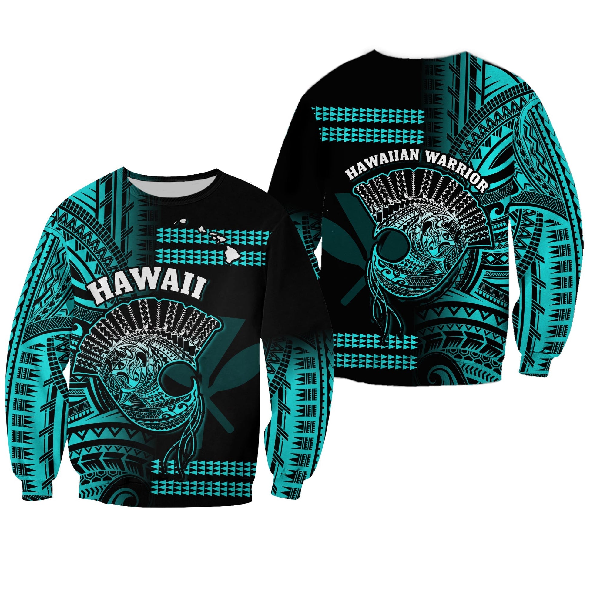 Hawaii Sweatshirt Kakau Warrior Helmet Gradient Turquoise Polynesian