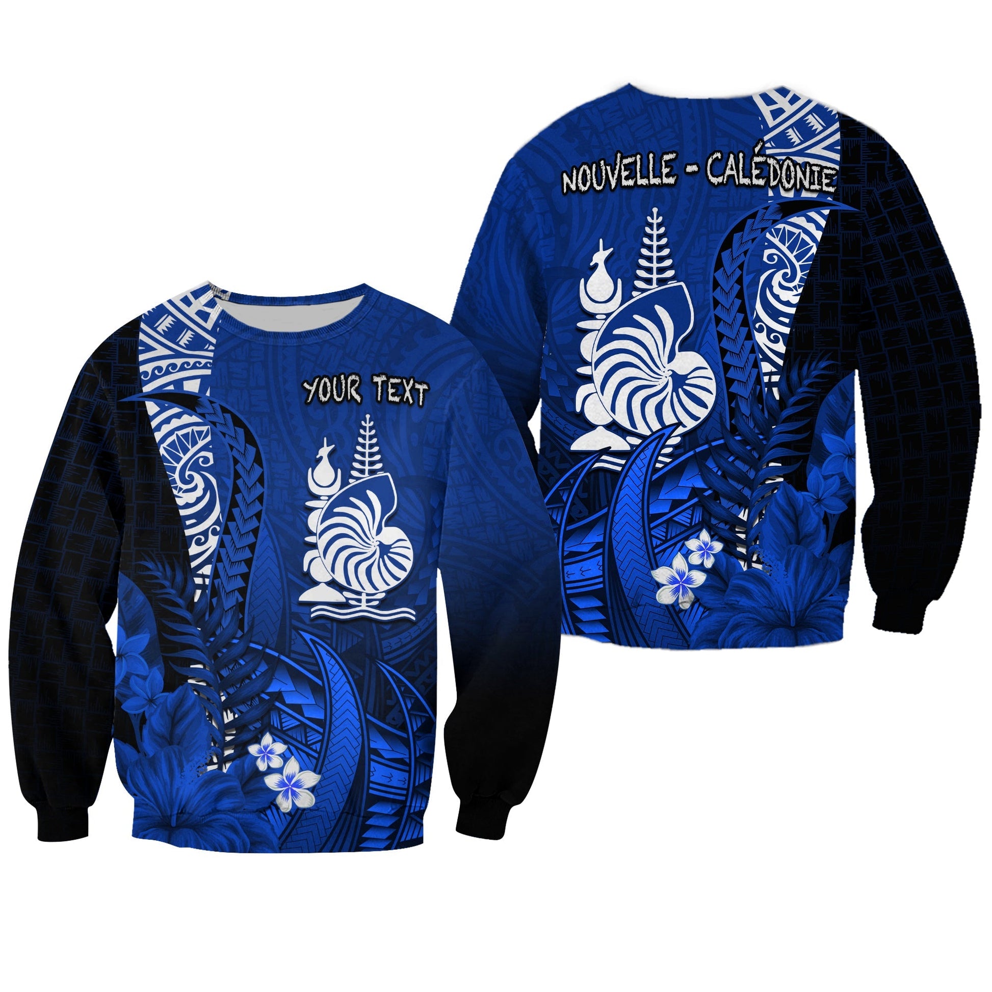 Custom Personalised New Caledonia Sweatshirt Nautilus Blue Polynesian Hibiscus