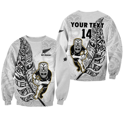 Custom Text And Number New Zealand Silver Fern Rugby Sweatshirt All Black Maori Version White
