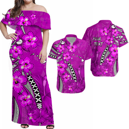 (Custom Personalised) His And Hers Matching Clothing Hawaii Combo Polynesian Tribal Pink Hibiscus and Map Mystical Dress and Hawaiian Shirt