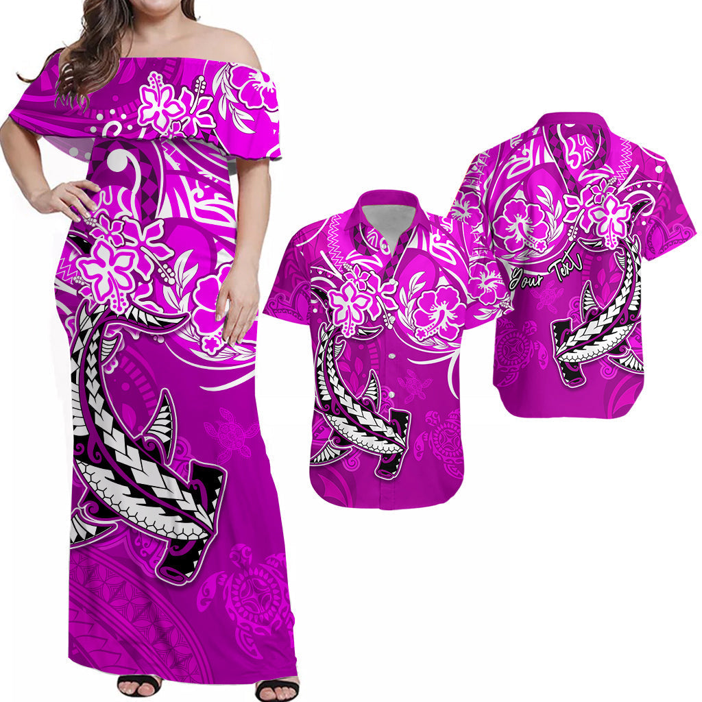 (Custom Personalised) His And Hers Hawaii Matching Clothing Polynesian Tribal Pink Sea Turtle Honu and Hammerhead Shark Dress and Hawaiian Shirt