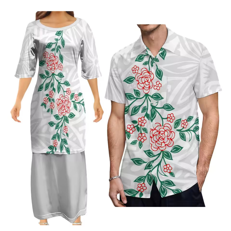 Flowers Tropical Matching Couple Outfit Polynesian Tribal Pattern Dress Samoan Puletasi Dress Two-Piece Suit With Men's Shirt Couple Suit