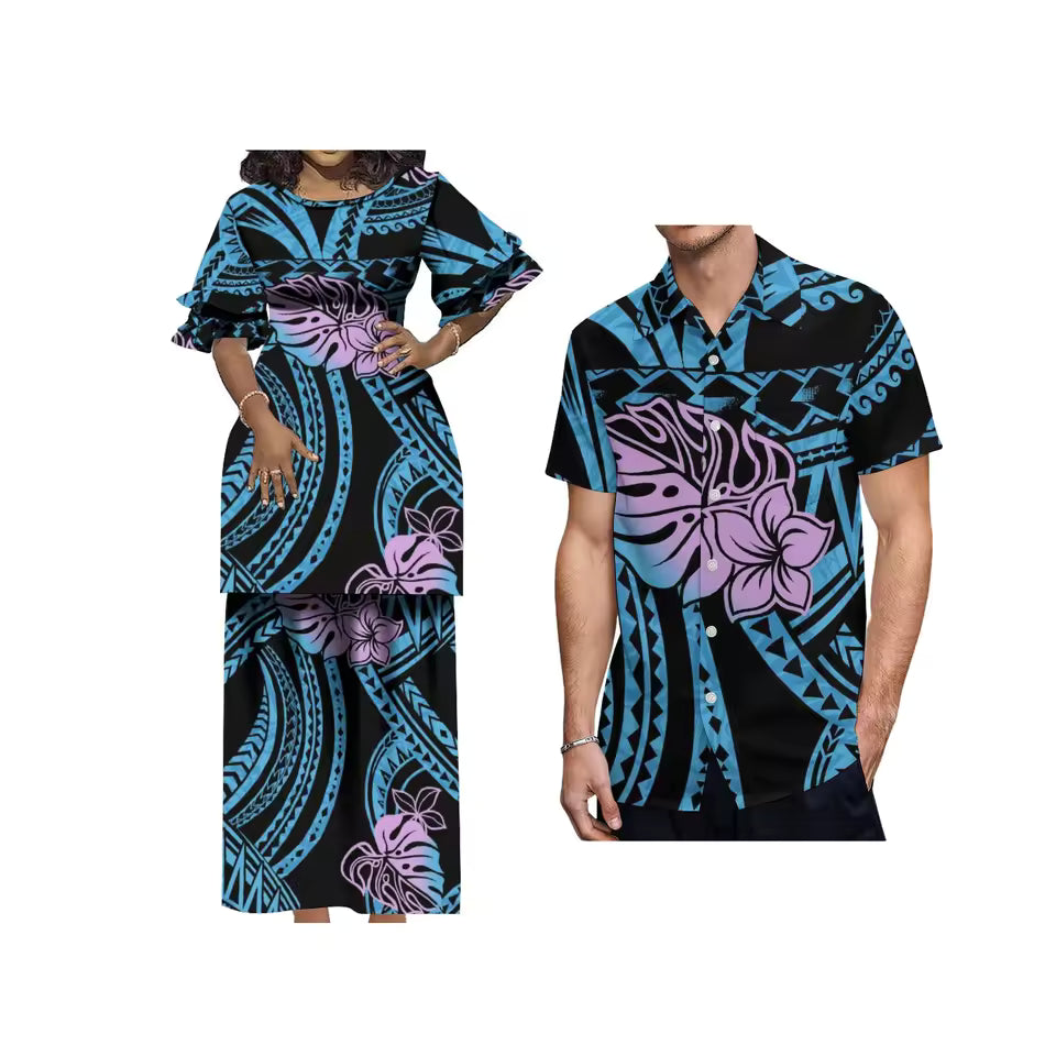 Polynesian Tribal Tropical Pattern Couple Matching Outfit Crewneck Casual Island Puletasi Double layer Horn Sleeve Dress and Hawaii Shirt