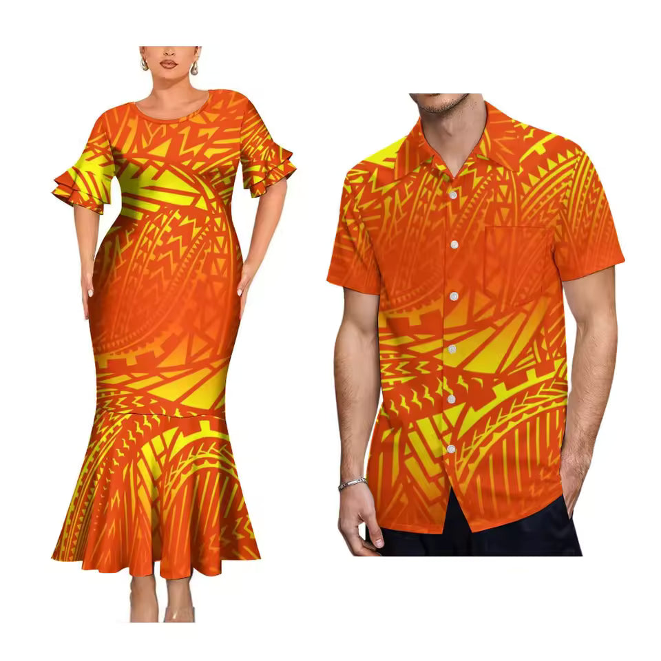 Polynesian Pattern Orange Couple Matching Outfit Polynesian Tribal Printed Short Sleeve Mermaid Long Dress And Hawaiian Shirt