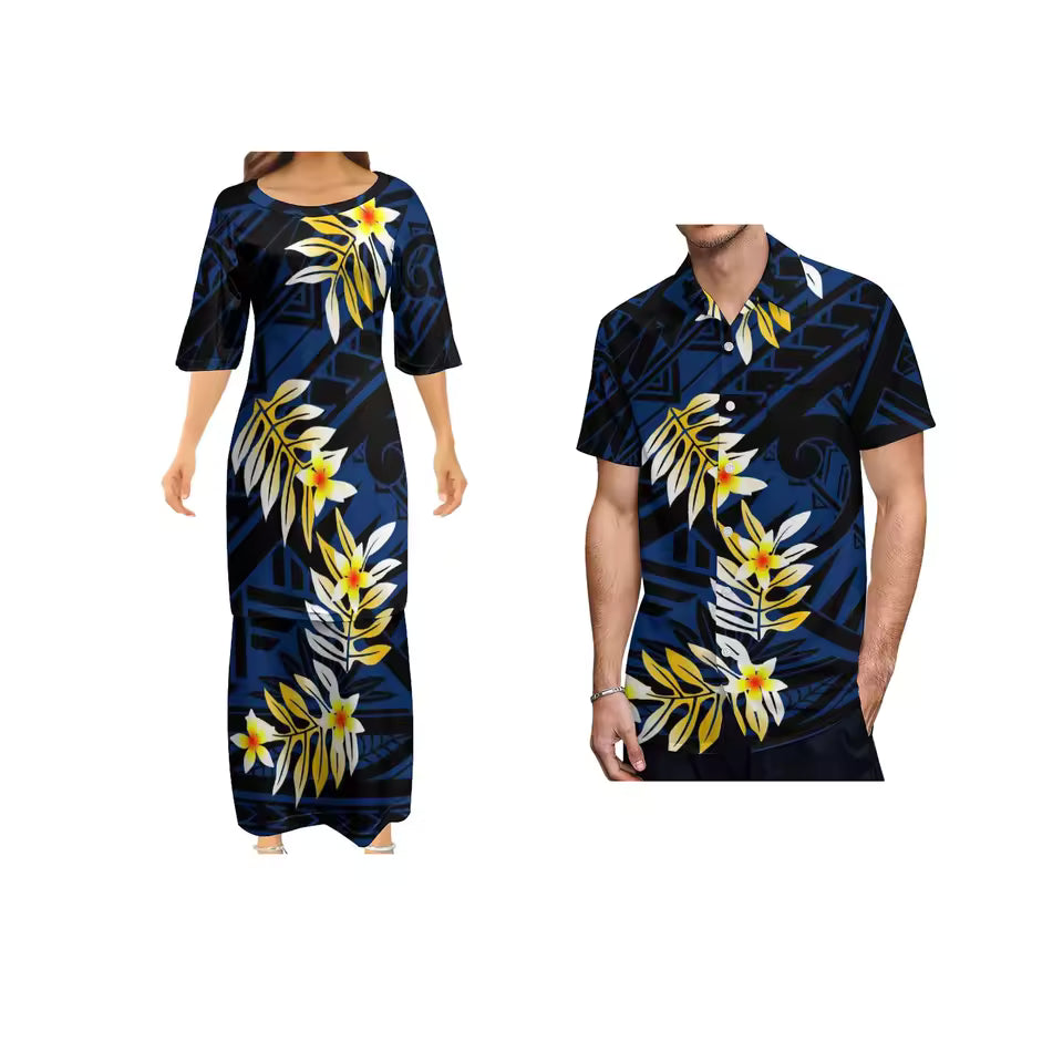 Tropical Leaf Pattern Couple Matching Outfit Puletasi Dress Polynesian Pattern Shirts for Men Puletasi Traditional Dress Couple Set