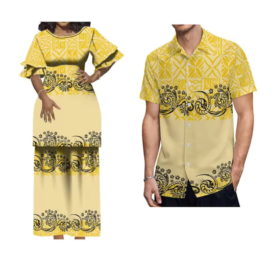 Yellow Polynesian Tribal Pattern Matching Outfit For Couple Puletasi Double layer Horn Sleeve Dress For Her and Hawaii Shirt For Him