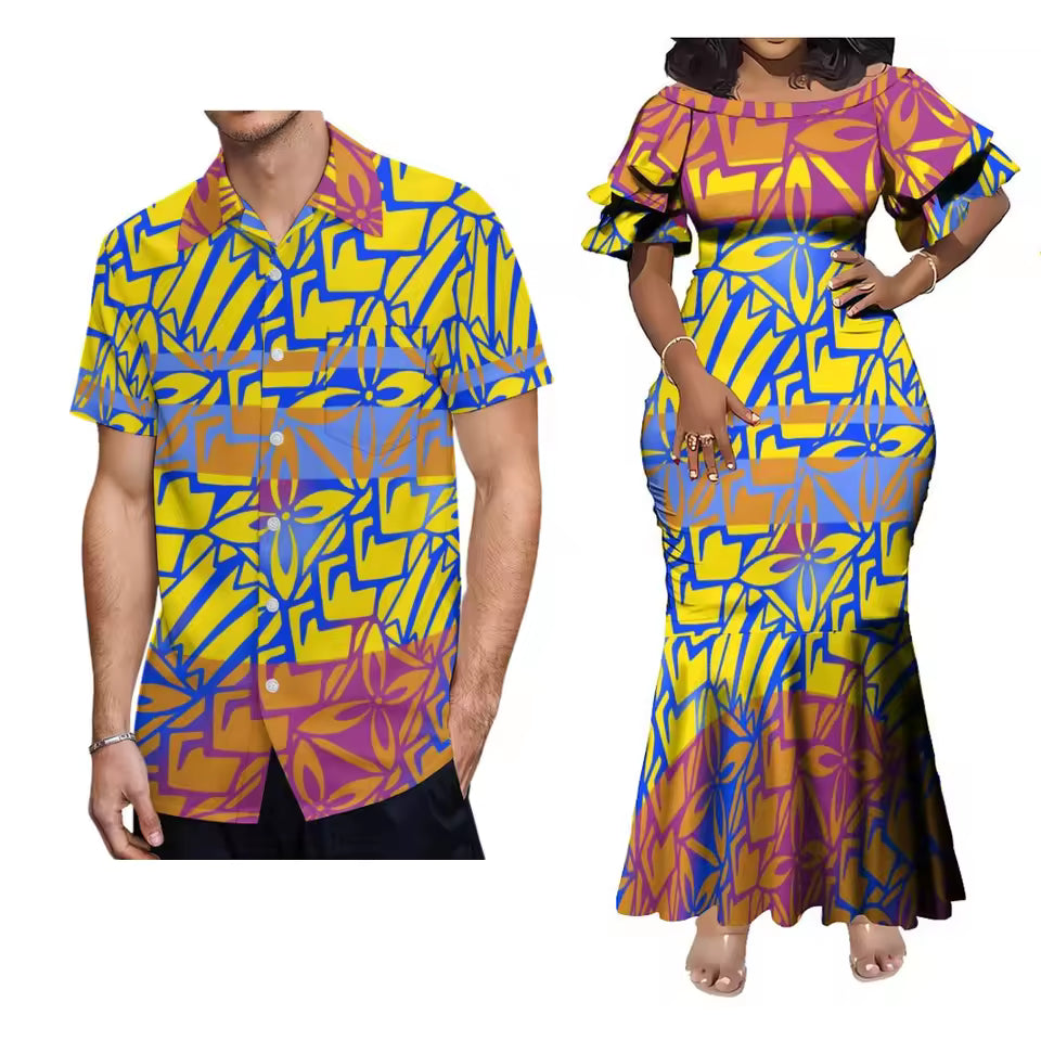 Polynesian Tribal Printed Outfit Couple For Her Him Short Sleeve Mermaid Long Dress And Hawaii Shirt Matching Outfit For Couple
