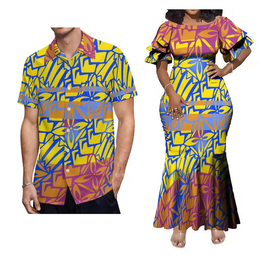 Polynesian Tribal Printed Outfit Couple For Her Him Short Sleeve Mermaid Long Dress And Hawaii Shirt Matching Outfit For Couple