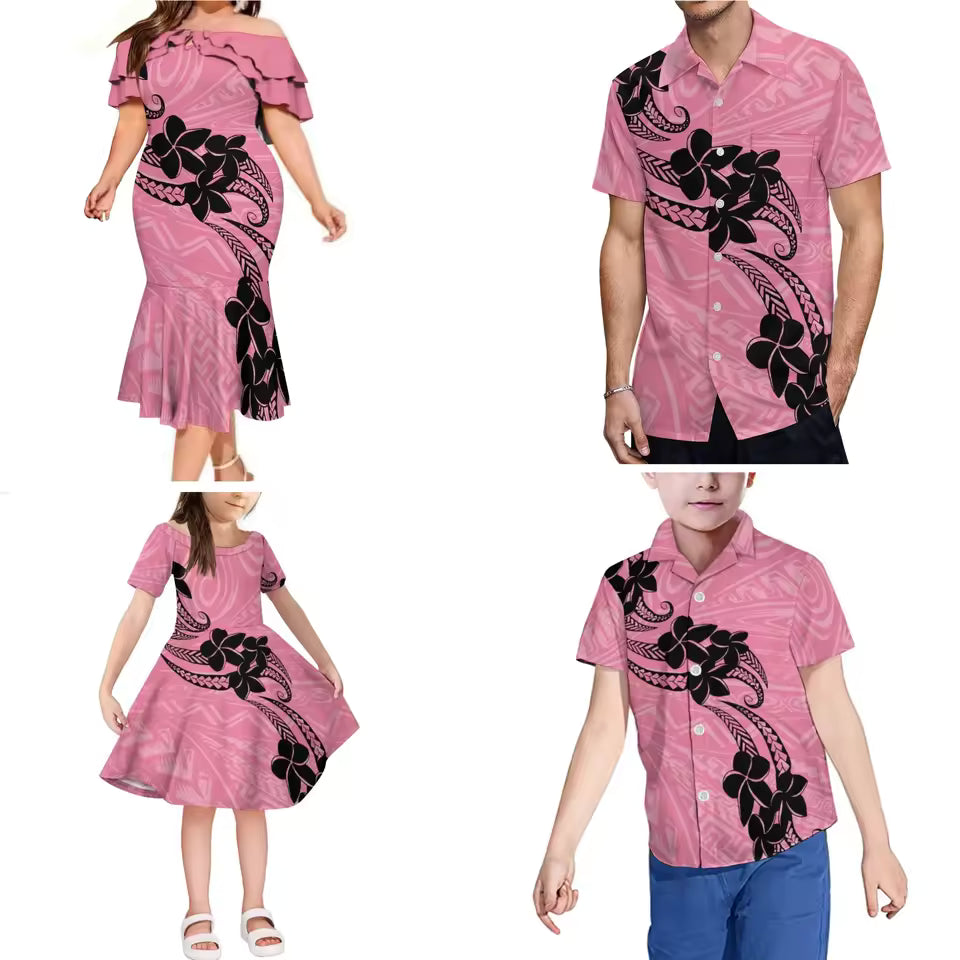 Polynesian Tribal Tropical Flowers Matching Outfit For Family Dress Ruffled Dress And Hawaiian Shirt For Him