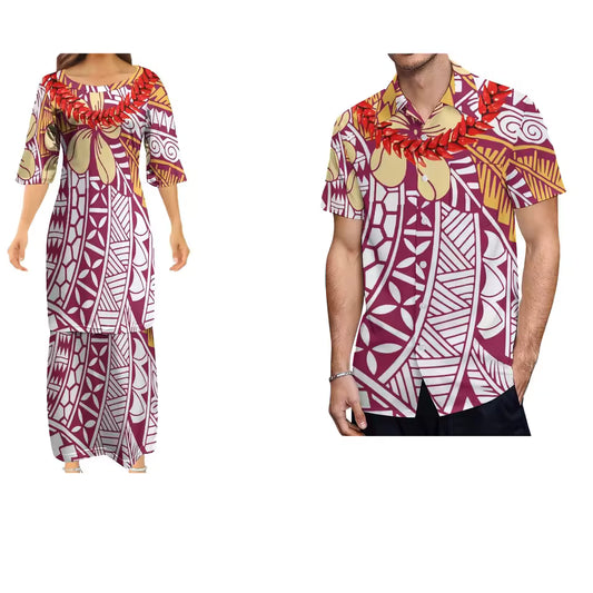 Polynesian Floral Matching Outfit For Couple Women's Dress Polynesian Vintage Grain Ula Nifo Print Samoan Necklace Party Evening Couple Shirt Set