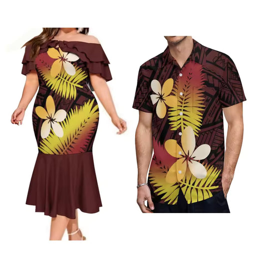 Polynesian Tribal Pattern Couple Set Printed Summer Flowers Tropical Ruffled Fishtail Dress And Hawaiian Shirt Matching Ourfit For Couple