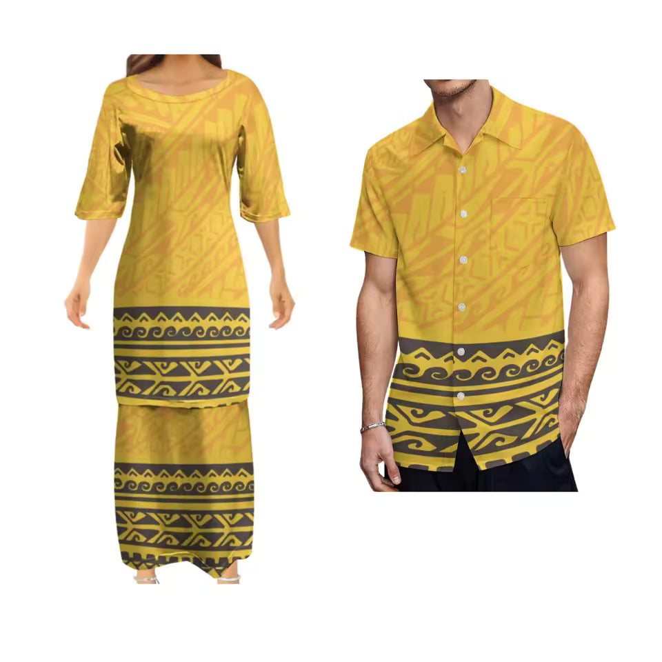 Polynesian Tribe Pattern Matching Outfit For Couple Ladies Elegant Puletasi Dress For Her And Hawaiian Shirt