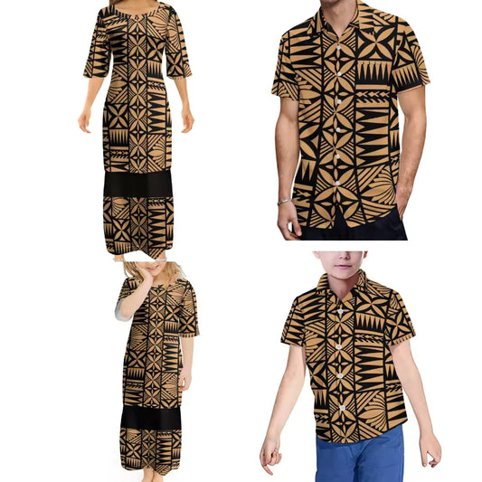 Polynesian Tribal Pattern Printed Family Set Ethnic Women's Puletasi Men'S Shirt Adult Children Samoan Matching Outfit For Family Clothing