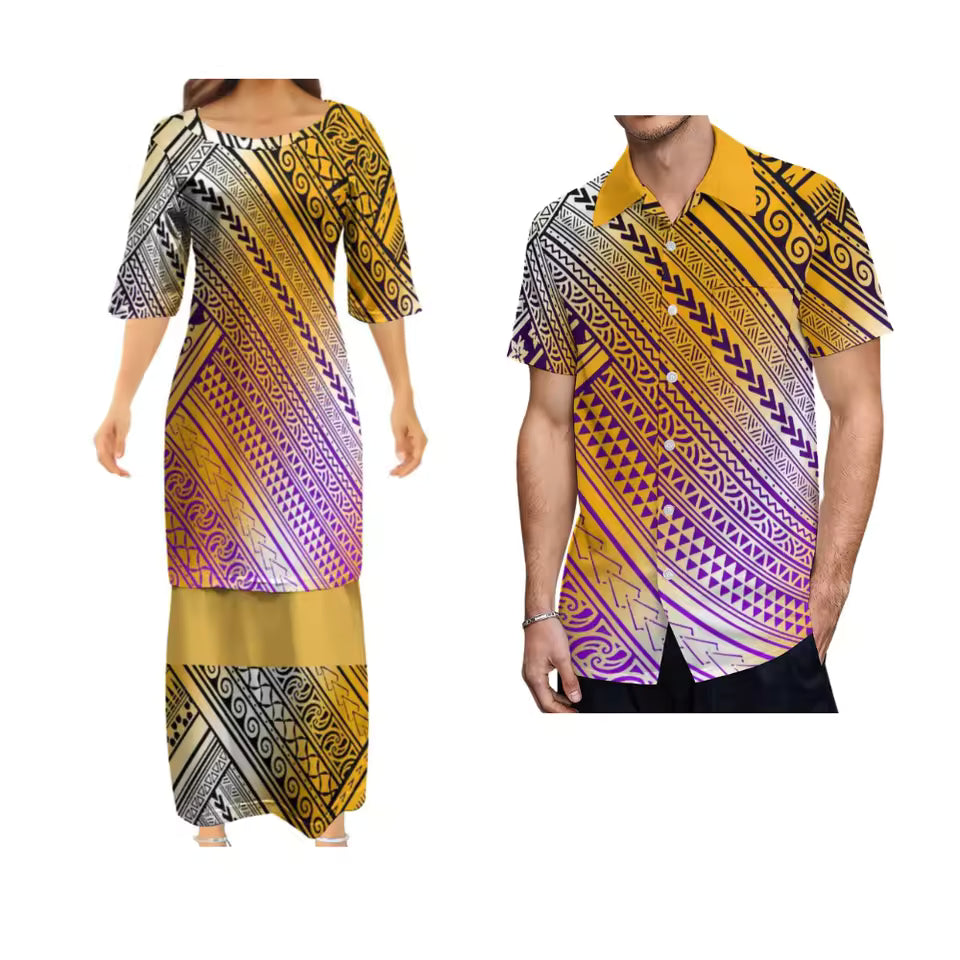 Polynesian Tribe Pattern Matching Outfit For Couple Ladies Elegant Puletasi And Hawaiian Shirt Couple Set