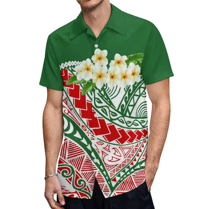 Polynesian Plumeria Flower Green Matching Outfit For Couple Polynesian Short Sleeve Mermaid Long Dress And Hawaiian Shirt