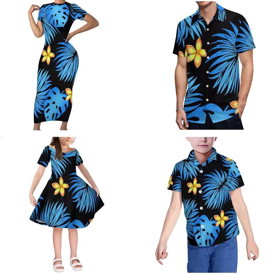 Matching Family Outfits Blue Leaf Plumeria Pattern Body Long Dress For Her And Shirt For Him