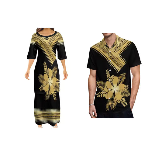 Tropical Leaf Pattern Matching Outfit For Couple Puletasi Dress Polynesian Pattern Shirts for Men Puletasi Traditional Dress Couple Set