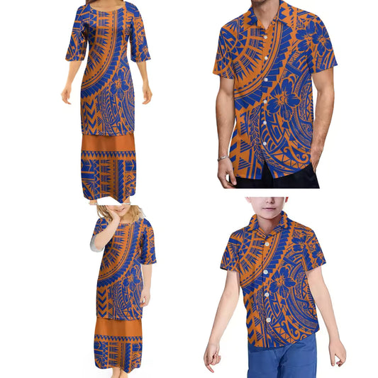 Polynesian Tribal Pattern Family Set Ethnic Women's Puletasi Men'S Shirt Adult Children Samoan Matching Outfit For Family Clothing