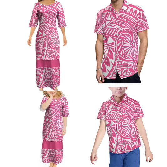 Polynesian Retro Tribal Print Ethnic Women's Puletasi Men'S Shirt Adult Children Samoan Family Clothing