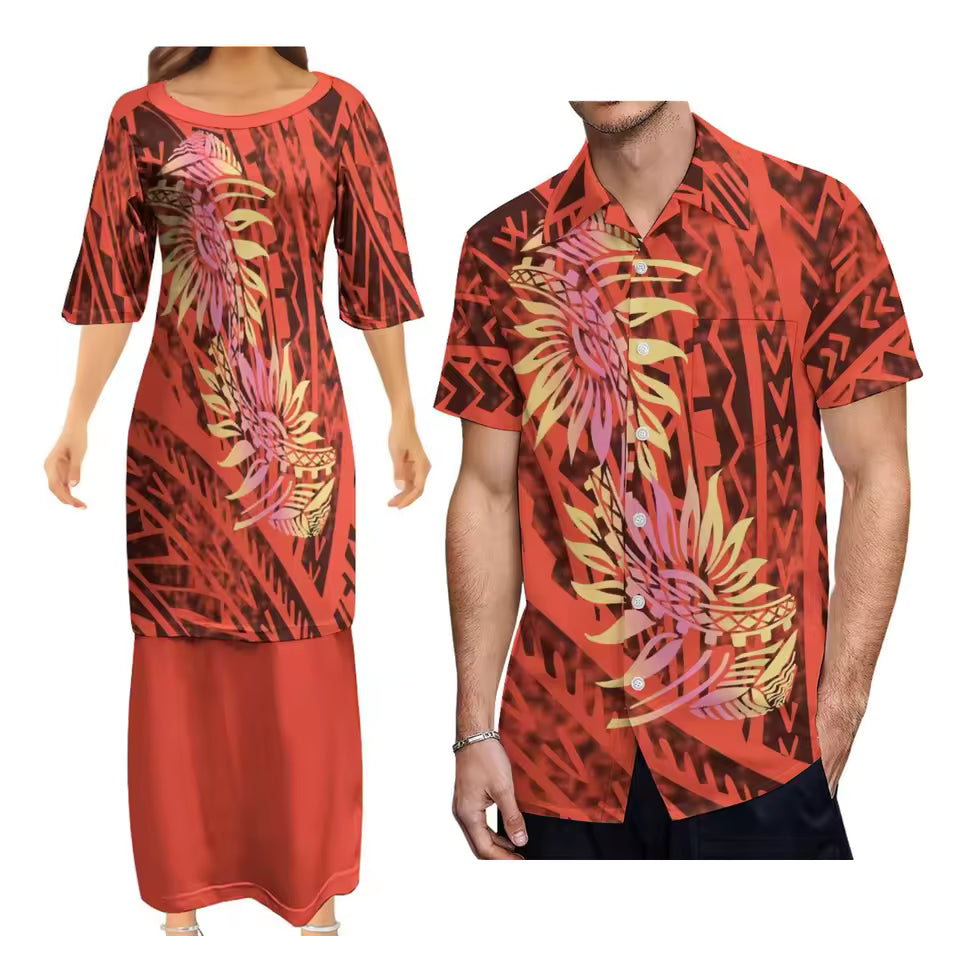 Flowers Tropical Matching Couple Outfit Polynesian Tribal Pattern Dress Samoan Puletasi Dress Two-Piece Suit With Men's Shirt