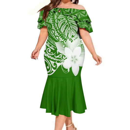 Polynesian Islands Samoa Green Floral Couple Matching Outfit For Family Dress Purple Polynesian Pattern Ruffled Dress And Hawaiian Shirt For Him