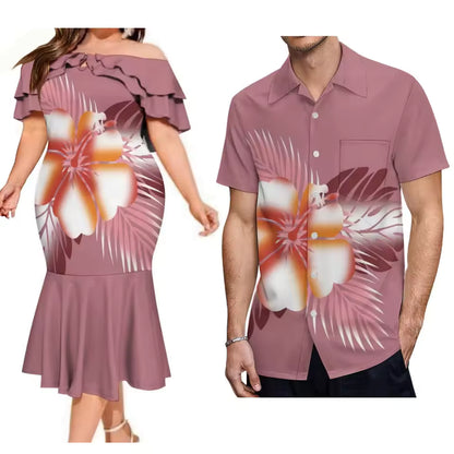 Polynesian Tribe Fishtail Dress Matching Outfit For Couple Polynesian Tribal Pattern Printed Dress And Hawaiian Shirt Outfit Set