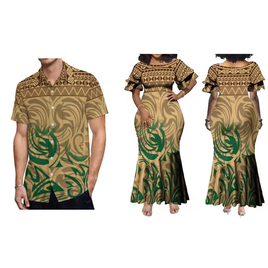 Polynesian Traditional Printed Island Vintage Pattern Fishtail Dress And Hawaiian Shirt Matching Outfit For Couple Set For Him Her