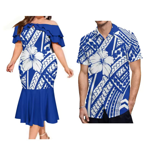 Polynesian Tribal Pattern Couple Set Printed Summer  Hibiscus Flowers Tropical Blue Ruffled Fishtail Dress And Hawaiian Shirt Matching Ourfit For Couple