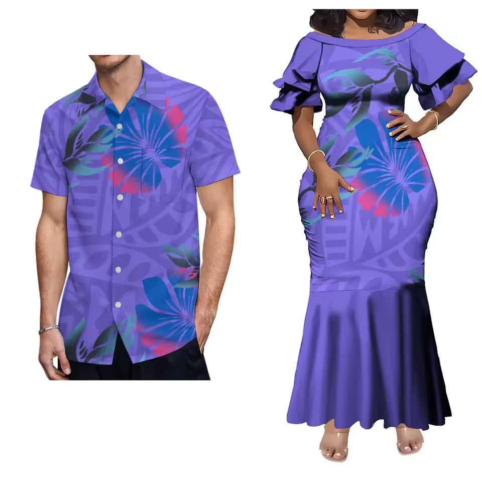 Pacific Island Polynesian Tribal Tropical Purple Matching Outfit For Him Her Women'S Short-Sleeved Mermaid Dress Party Men Shirt Couple Set