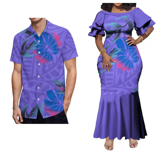 Pacific Island Polynesian Tribal Tropical Purple Matching Outfit For Him Her Women'S Short-Sleeved Mermaid Dress Party Men Shirt Couple Set
