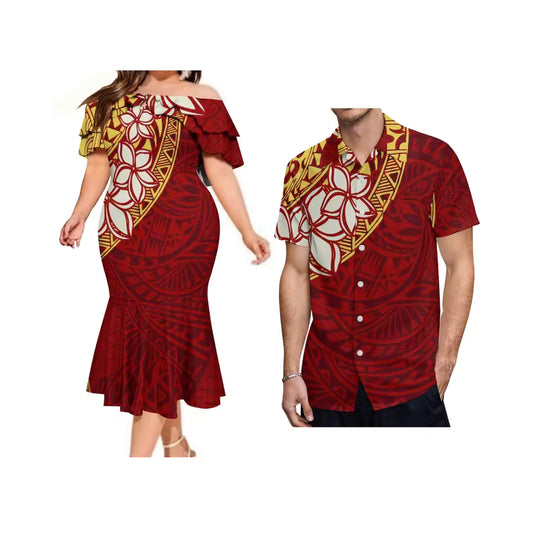 Polynesian Tribal Pattern Matching Outfit For Couple Printed Plumeria Fflowers Red Ruffled Fishtail Dress And Hawaiian Shirt Set