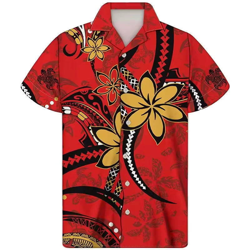 Polynesian Tribal Printed Hawaiian Shirt Plumeria Pattern Men's Casual Short Sleeve Summer Shirt