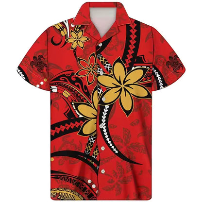 Polynesian Tribal Printed Hawaiian Shirt Plumeria Pattern Men's Casual Short Sleeve Summer Shirt