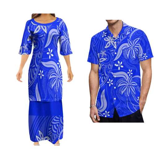 Polynesian Tribal Flowers Pattern Printed Blue Matching Outfit Couple Set Women's Dress Men's Shirt