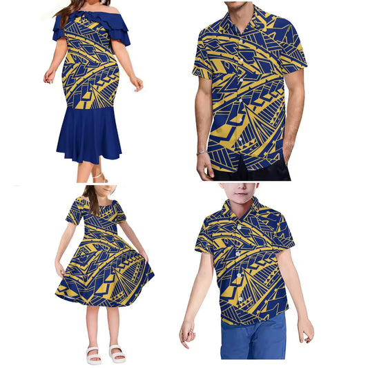 Polynesian Tribal Pattern Blue Matching Outfit For FamilyTropical Ruffled Long Dress And Shirt For Family Members