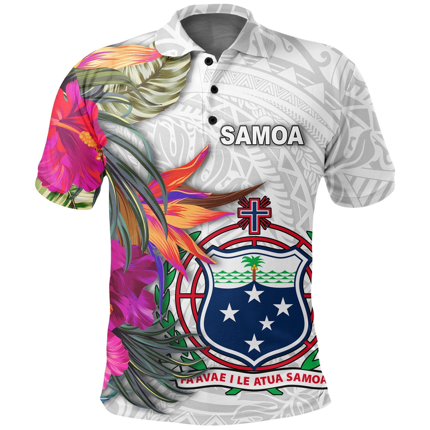 Samoa Polo Shirt Hibiscus Polynesian pattern White