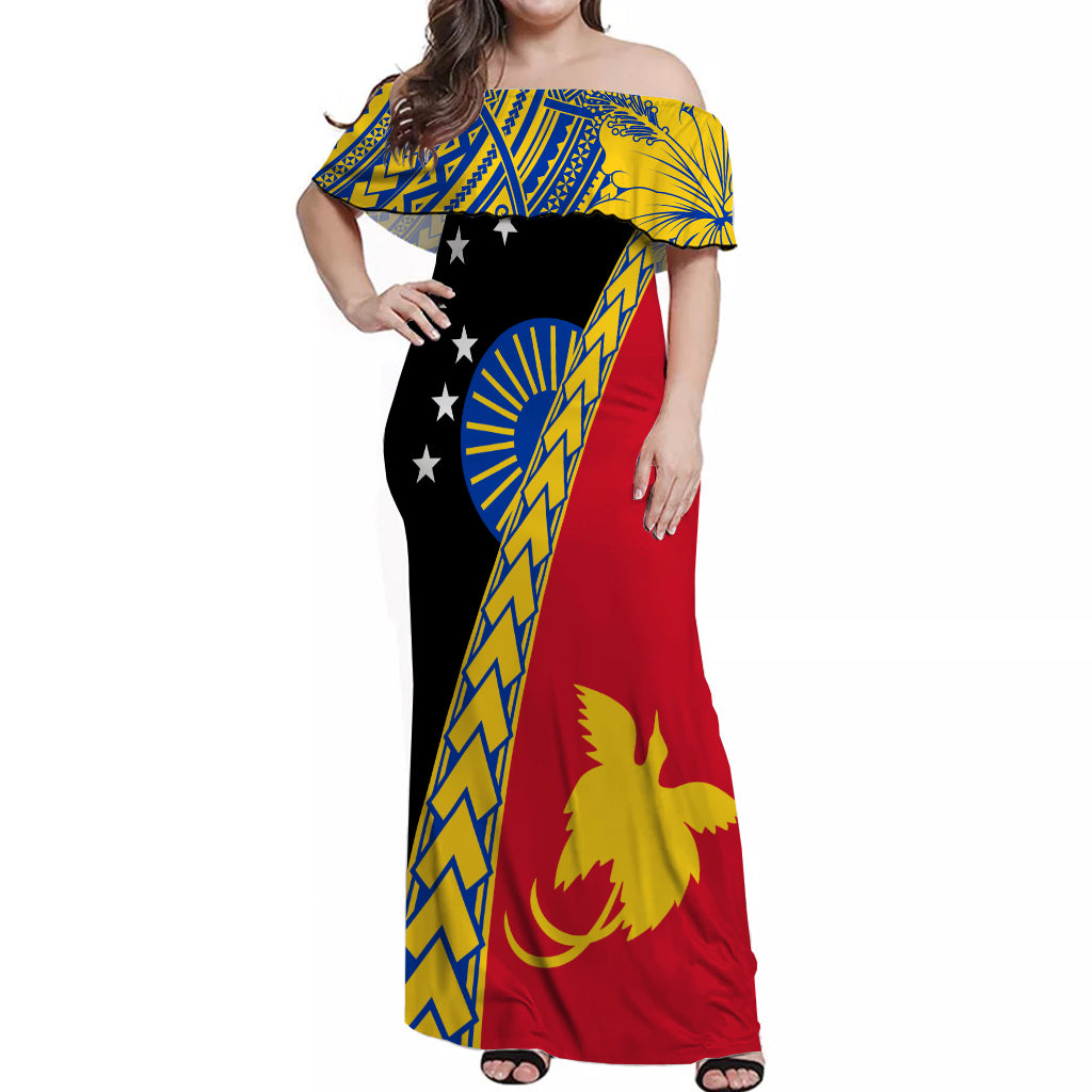 PNG Hibiscus Tribal Pattern Off Shoulder Long Dress Sandaun Province