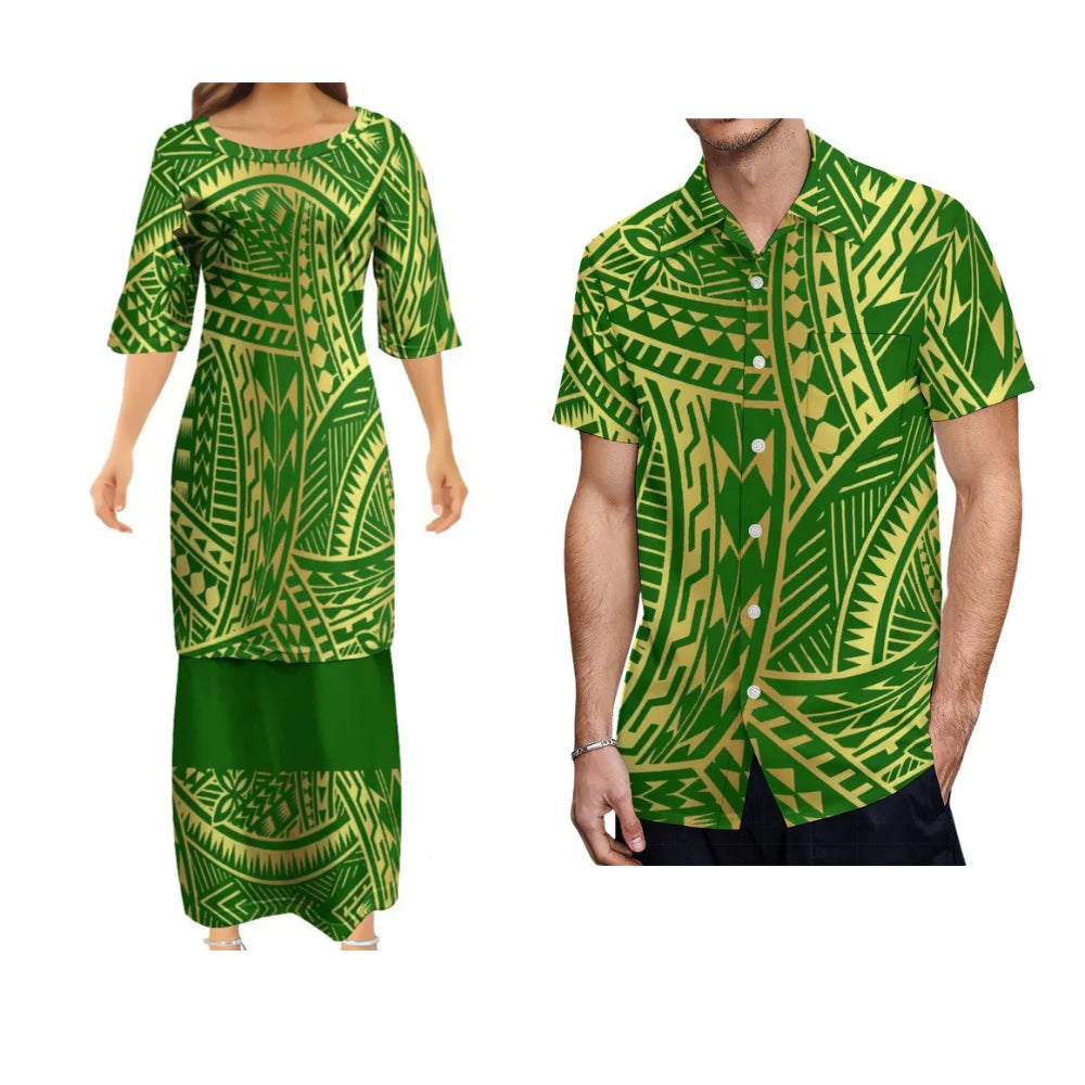 Samoa Polynesian Tribal Pattern Green Outfit For Couple Polynesian Puletasi Dress And Hawaiian Shirts Set For Her Him