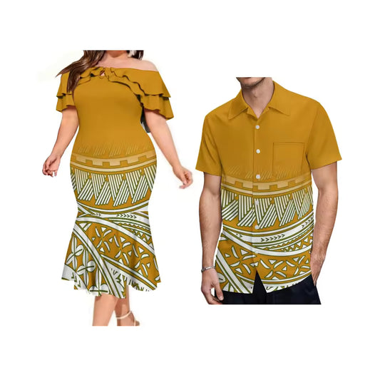 Polynesian Tribal Pattern Matching Outfit For Couple Printed Ruffled Fishtail Dress And Hawaiian Shirt Set
