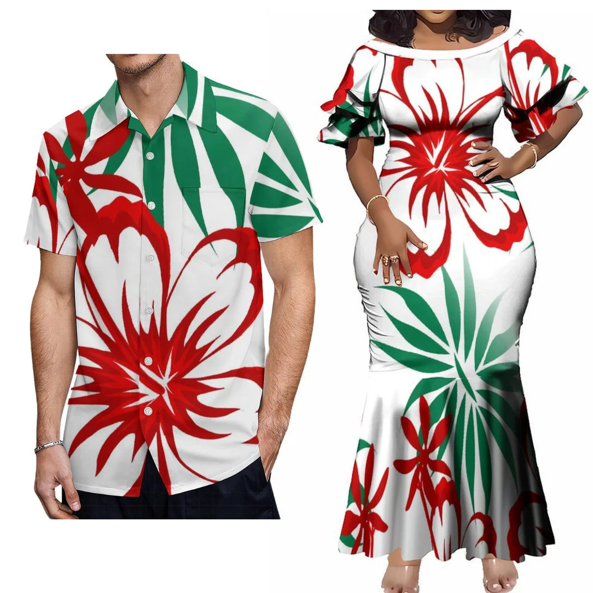 Polynesian Island Outfit Couple For Her Him Short Sleeve Mermaid Long Dress And Hawaii Shirt Matching Outfit For Couple